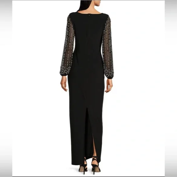 NWT Marina boat neck jersey long beaded sleeve back slit sheath black Dress - Picture 3 of 11